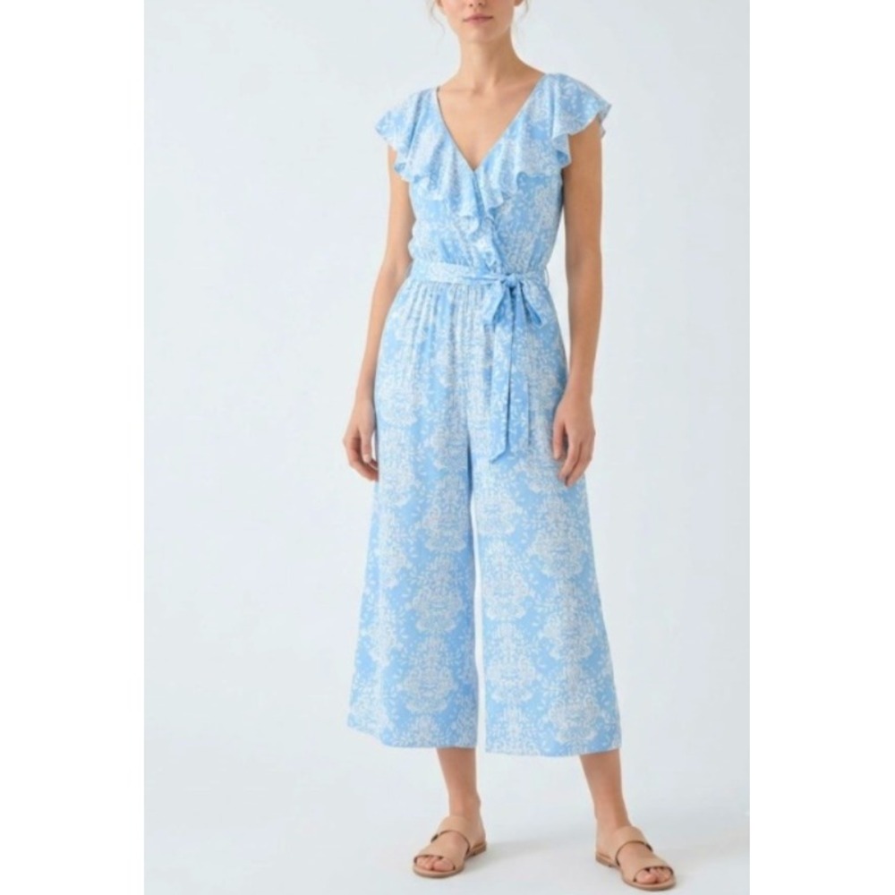 New Luxology‎ Jumpsuit Large Floral Ruffle V-Neck Wide Leg Cropped Vacation